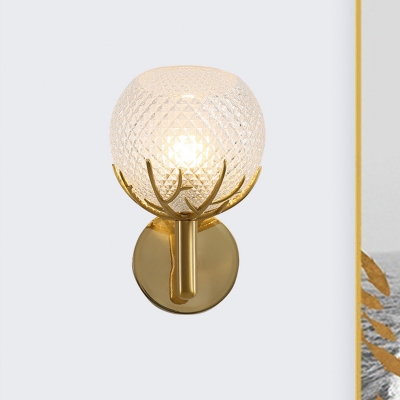 Global Wall Sconce Lighting Modernism Clear Latticed Glass 1 Bulb Bedside Wall-Mount Lamp in Gold with Antler Design