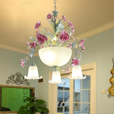 Green 5/7 Lights Chandelier Lighting Antique Metal Bowl Ceiling Light with Flower Decor for Dining Room