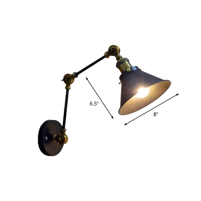 Iron Cone Sconce Lighting Farmhouse 1-Light Balcony Swing Arm Wall Mount Lamp in Black and Brass
