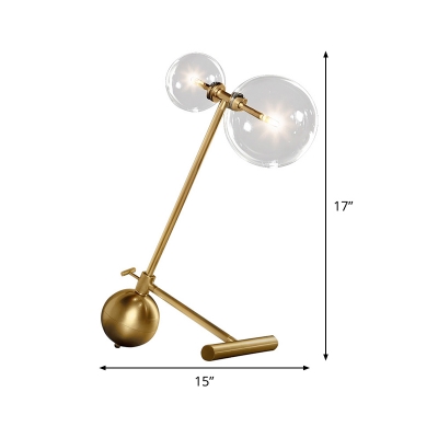 LED Bedroom Task Light Minimalist Brass Small Desk Lamp with Global Clear Glass Shade