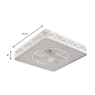 LED Metal Pendant Fan Lighting Modern White Square Bedroom Semi Flush Mount Lamp with 3 Blades, 21.5