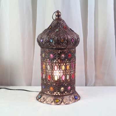 Metal Bronze Task Lamp Carved 1 Head Art Deco Desk Light with Colorful Crystal Bead