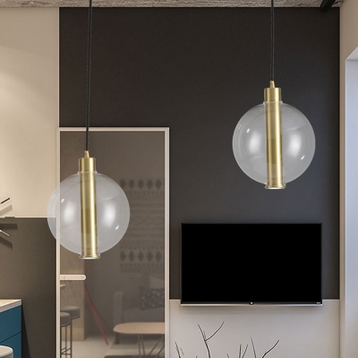 Metal Slim Tube Ceiling Light Contemporary 1 Bulb LED Suspended Pendant Lamp in Gold with Globe Clear Glass Shade