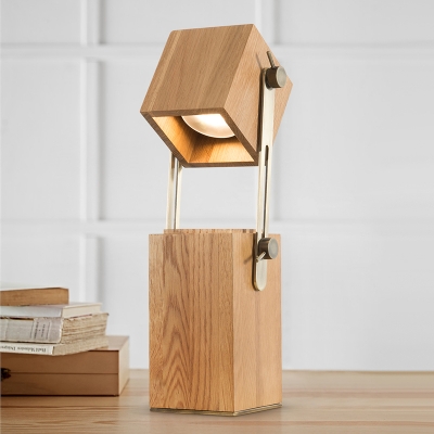Modern 1 Head Nightstand Lamp Beige Rectangle Reading Book Light with Wood Shade
