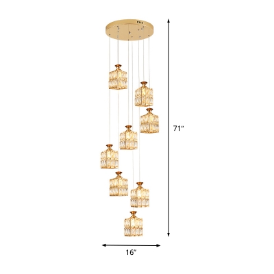 Modern 8 Heads Suspension Lighting Gold Rectangle Multi Light Pendant with Beveled Crystal Shade