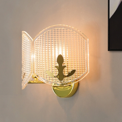 Modern Arc Oval Wall Mount Fixture Clear Latticed Glass 2 Lights Corner Wall Sconce Lamp in Gold
