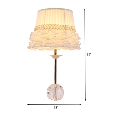 Modern Barrel Desk Light Fabric 1 Bulb Table Lamp in White with Ball Clear Crystal Base