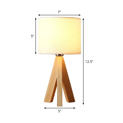 Modern Cylinder Task Light Fabric 1 Bulb Night Table Lamp in White with Wood Tripod