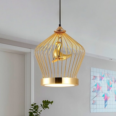 Nordic Crown Cage Pendant Lighting Iron 1 Light Dining Room Hanging Lamp Kit in Gold with Bird Deco