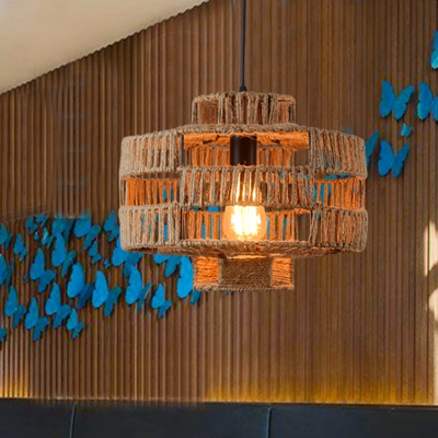 Rope Drum Frame Pendant Industrial 1-Head Restaurant Hanging Light Fixture in Beige