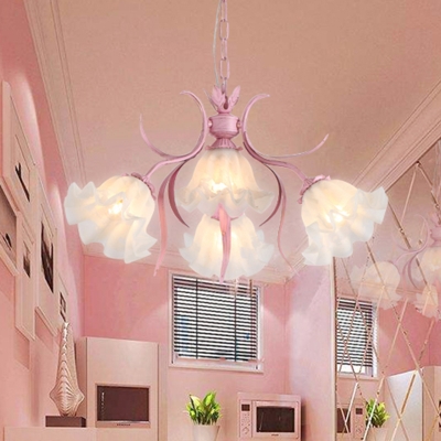Scalloped Living Room Pendant Chandelier Pastoral Metal 4/6/9 Heads Pink LED Hanging Ceiling Light