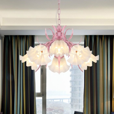 Scalloped Living Room Pendant Chandelier Pastoral Metal 4/6/9 Heads Pink LED Hanging Ceiling Light