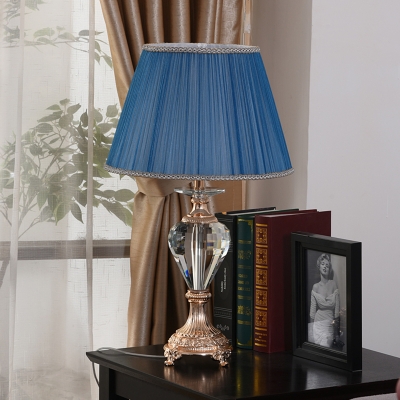 Shaded Desk Light Modern Fabric 1 Bulb Blue Table Lamp, Carved Gold Metallic Base