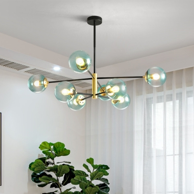 Sputnik Chandelier Modern Metal 8 Bulbs Living Room Pendant Light Fixture with Globe Blue Glass Shade