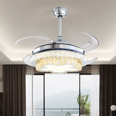 Stainless-Steel LED Hanging Fan Light Modernist Crystal Floral 8 Blades Semi Flush Lamp for Living Room, 48