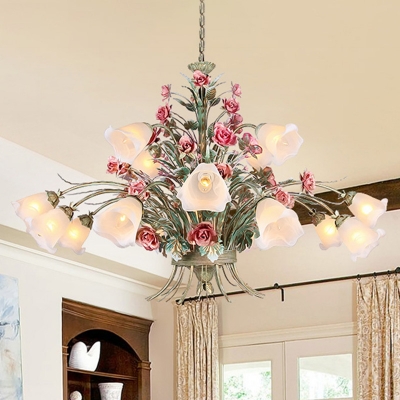 Traditional Floral Hanging Chandelier 16 Lights Metal Suspension Lamp in Green for Living Room