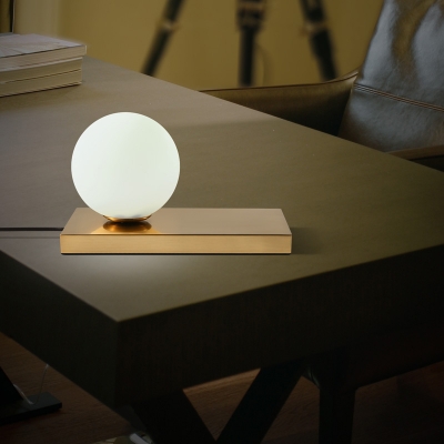 White Glass Round Desk Lamp Modern 1 Bulb Table Light with Rectangle Gold Metal Base