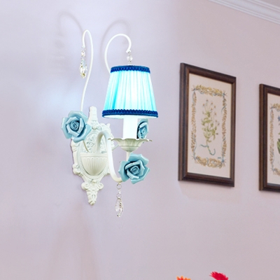 1/2-Head Fabric Sconce Light Pastoral White Pleated Shade Bedroom Wall Lighting with Ceramic Rose Decor