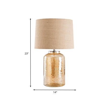 1 Head Bedroom Amber Glass Nightstand Lighting Modernism Beige Table Lamp with Drum Fabric Shade