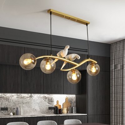 4-Bulb Dining Room Cluster Pendant Light Modernist Black/Gold Branch Hanging Lamp with Orb Milk White/Smoke Gray Glass Shade