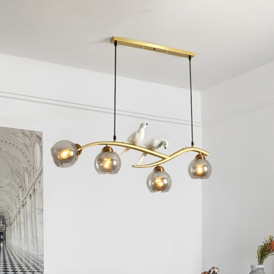 4-Bulb Dining Room Cluster Pendant Light Modernist Black/Gold Branch Hanging Lamp with Orb Milk White/Smoke Gray Glass Shade