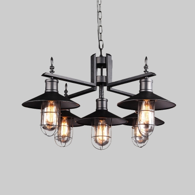6 Bulbs Chandelier Pendant Light Industrial Wide Flared Metal Caged Hanging Lamp in Black with Clear Glass Shade