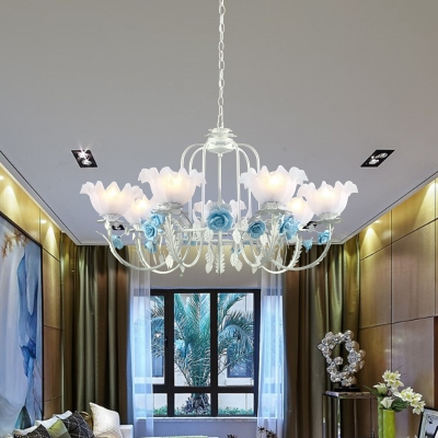 7-Bulb Ceiling Light Korean Flower Scalloped White Glass Chandelier Lighting Fixture for Restaurant