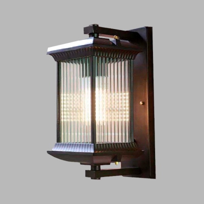Cuboid Clear Ribbed Glass Sconce Lamp Lodges 1 Light Outdoor Wall Mount Lighting in Dark Coffee, 6