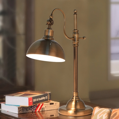 Dome Metal Table Lighting Antiqued Study Room LED Reading Lamp in Gold with Gooseneck Arm