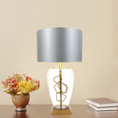 Drum Night Table Lamp Simplicity Metal 1 Light Bedroom Nightstand Light in Grey with Clear Glass Deco