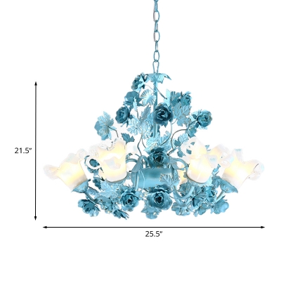 Ivory Glass Blue Chandelier Lamp Blossom 3/6 Heads Korean Garden Down Lighting Pendant for Living Room