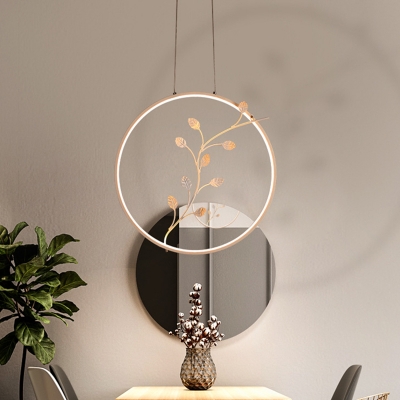 Modernist Hoop Ceiling Light Acrylic LED Restaurant Suspended Pendant Lamp in White with Branch Detail, Warm/White Light