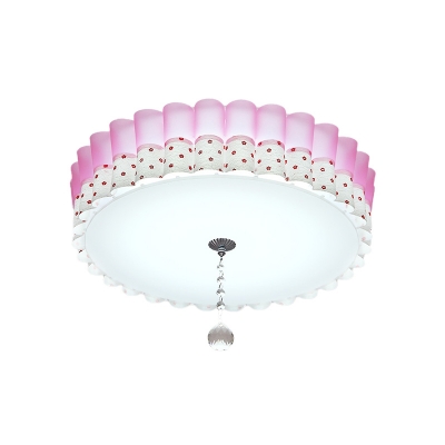 Pastoral Ruffled Edge Ceiling Lamp LED Acrylic Flush Mount Recessed Lighting in Pink with Crystal Ball