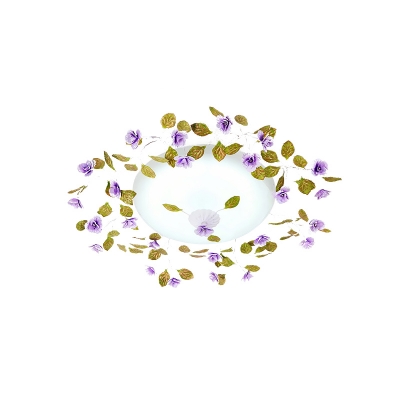 Purple LED Semi Mount Lighting Romantic Pastoral White Glass Bowl Flushmount Ceiling Lamp with Flower Decor, 23