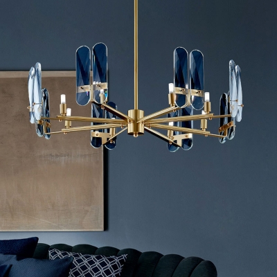 Radial Living Room Chandelier Light Fixture Blue Glass 8-Light Modern Down Lighting in Brass
