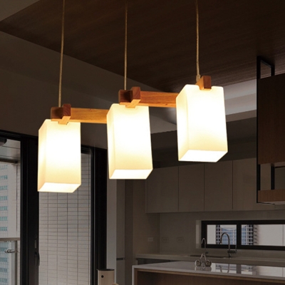 White Glass Cuboid Cluster Pendant Light Minimalist 3 Lights Wood Hanging Ceiling Lamp
