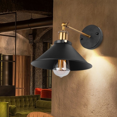 1-Head Wall Light Sconce Industrial Balcony Wall Mounted Lamp with Cone Iron Shade in Black