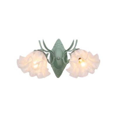 2 Heads Sconce Wall Lighting Korean Garden Hallway Wall Lamp with Scalloped White Glass Shade