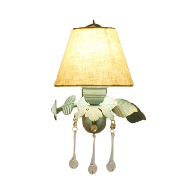 Cone Living Room Sconce Lamp Countryside Fabric 1/2-Head Blue Wall Light Fixture with Dangling Crystal