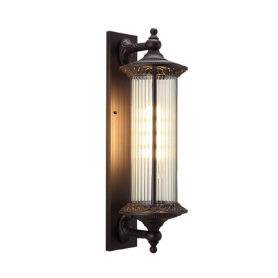Dark Coffee 1 Bulb Sconce Lighting Farmhouse Clear Ribbed Glass Cylinder Wall Mount Fixture