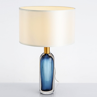 Drum Nightstand Lamp Contemporary Fabric 1 Light White Night Lighting with Wine Bottle Glaze Base