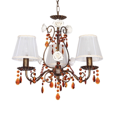 Fabric Cone Chandelier Lamp American Flower 3 Lights Dining Room Pendant in Antique Brass with Coffee Crystal Accent