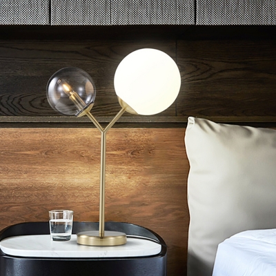Gold Sphere Desk Light Postmodern 2 Bulbs White and Grey Glass Night Table Lamp for Bedroom