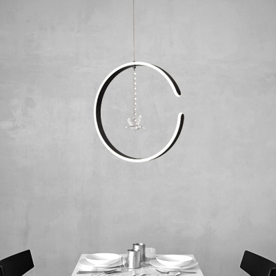 Halo Ceiling Pendant Light Simple Acrylic Restaurant LED Suspension Lamp in Black with Bird Crystal Droplet, White/Warm Light