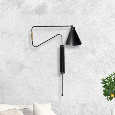 Iron Cone Sconce Lighting Industrial 1-Head Living Room Adjustable Wall Mounted Lamp with Black/Gold/Coffee Backplate and Long Arm