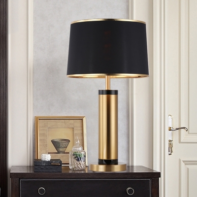 Metal Cylinder Night Table Lamp Contemporary 1-Light Black Nightstand Light with Barrel Fabric Shade
