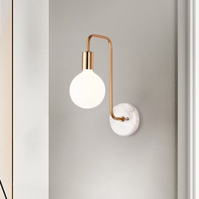 Opal Glass Ball Wall Mount Lighting Simple 1-Light Gold Finish Sconce with Marble Backplate