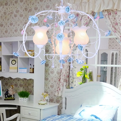 Pastoral Rose Pendant Chandelier 4 Bulbs White Glass Suspension Light with Metal Curvy Arm