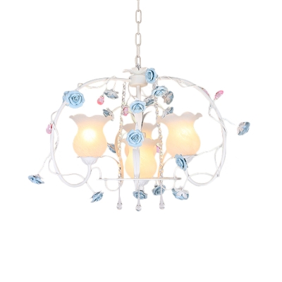 Pastoral Rose Pendant Chandelier 4 Bulbs White Glass Suspension Light with Metal Curvy Arm