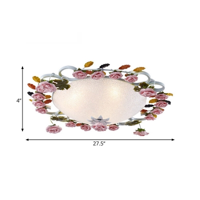 Pink 3/5 Heads Ceiling Lighting Romantic Pastoral White Glass Bowl Flush Mount Spotlight with Rose Design, 23.5